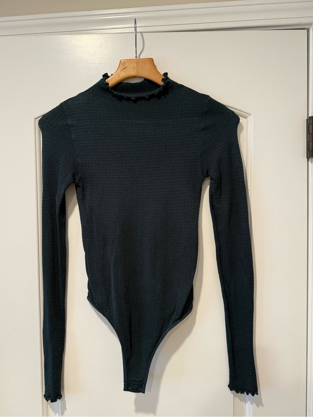Free People dark green Ribbed Mock-Ruffle Long-Sleeve Bodysuit